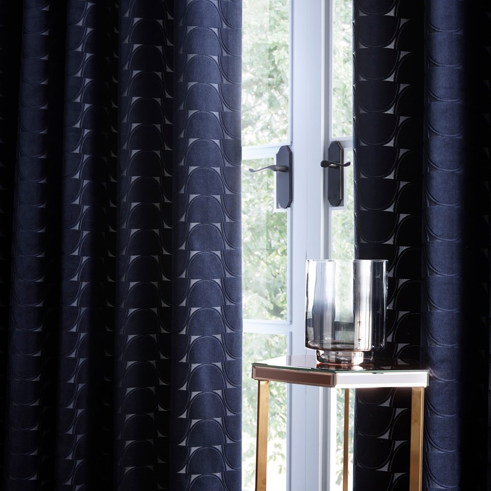 Lucca Geometric Velvet Curtains By Clarke And Clarke in Midnight Blue